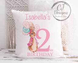 Personalised 2nd Birthday Flopsy Rabbit Pink Water Colour White Super Soft Cushion Cover Peter Ages 1-5 - thumbnail 1