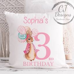 Personalised 2nd Birthday Flopsy Rabbit Pink Water Colour White Super Soft Cushion Cover Peter Ages 1-5 - thumbnail 3