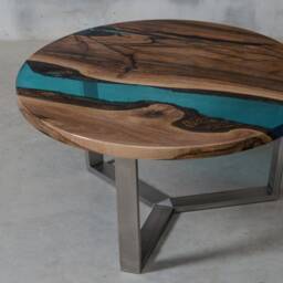 Azure Resin Coffee Table, Epoxy End Table Made European Walnut, Uv Resin, Round Live Edge River Resin - thumbnail 3