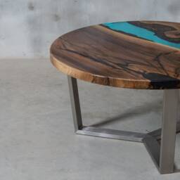 Azure Resin Coffee Table, Epoxy End Table Made European Walnut, Uv Resin, Round Live Edge River Resin - thumbnail 2