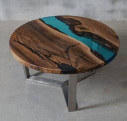 Azure Resin Coffee Table, Epoxy End Table Made European Walnut, Uv Resin, Round Live Edge River Resin