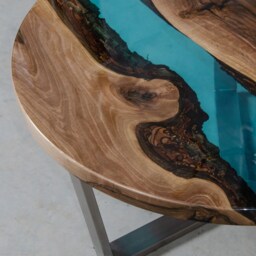 Azure Resin Coffee Table, Epoxy End Table Made European Walnut, Uv Resin, Round Live Edge River Resin - thumbnail 4