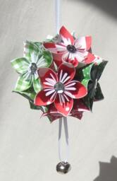 Red Green Kusudama Ornament - Handmade Origami Sequin Jingle Bell Tree D??cor
