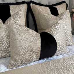 Elegant Champagne - Black Striped Antelope Fabric Cushion Cover - Luxury Euro Sham For Sofa & Bed Decor All Sizes Made To Order - thumbnail 1