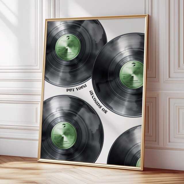 Vinyl Record Wall Art Print, Green Black Trendy Retro Music Poster, Maximalist Aesthetic Art, Apartment Decor - image 1