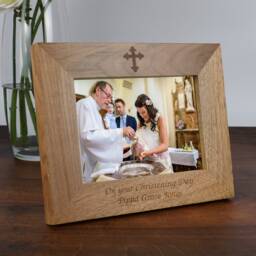 Personalised Wooden Cross Photo Frame Oak Effect Laser Engraved Christening Baptism Holy Communion New Born Baby Godparent - thumbnail 3