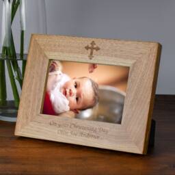Personalised Wooden Cross Photo Frame Oak Effect Laser Engraved Christening Baptism Holy Communion New Born Baby Godparent - thumbnail 2