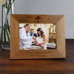 Personalised Wooden Cross Photo Frame Oak Effect Laser Engraved Christening Baptism Holy Communion New Born Baby Godparent - thumbnail 1