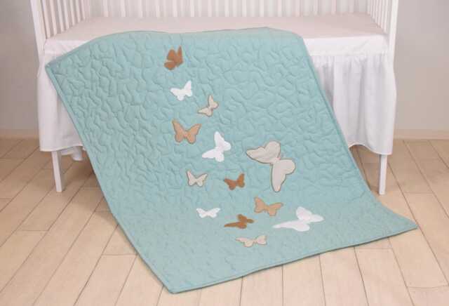 Butterfly Blanket, Mint White Beige Quilt Modern Baby Crib Blanket