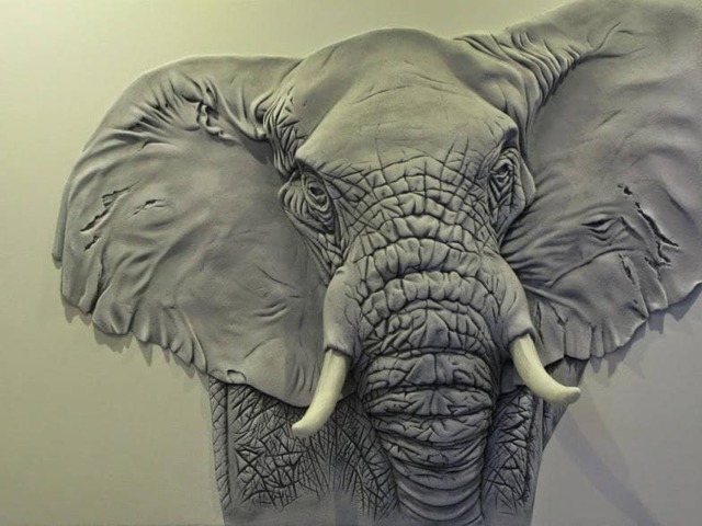 Bas Relief, 3D Wall Art, Elephant Head, Sculptural Painting, Relief Sculpture, Textured Art - image 1