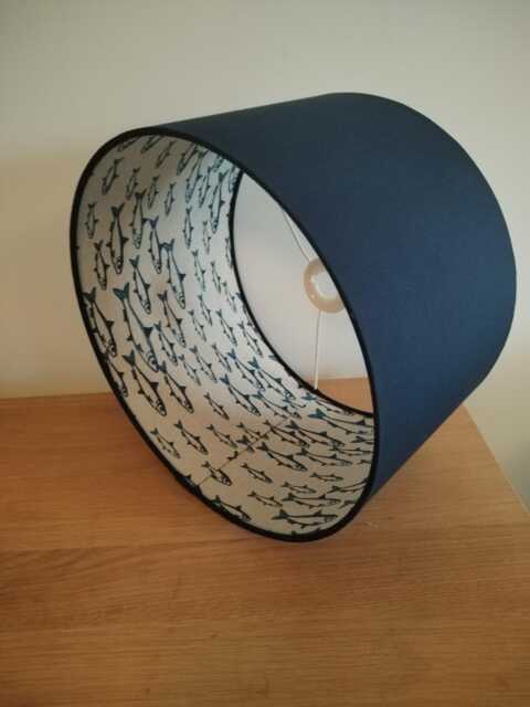 Navy Fish Lampshade Blue Nautical Pattern Seaside Lined Linen Style Handmade Fabric Drum Lamp Shade Table Or Ceiling Pendant - image 1