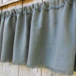 Rustic Linen Curtains, Kitchen Privacy Curtain, Dusty Green Linen Cafe Curtain With Fringes in Shabby Chic Style - thumbnail 2