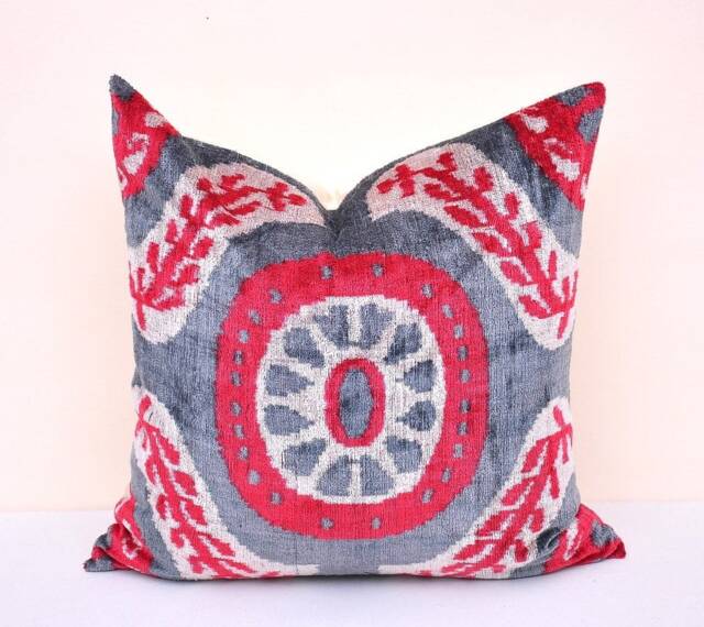 Handmade Silk Velvet Ikat Pillow Cover, Red Gray Accent - image 1