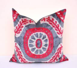Handmade Silk Velvet Ikat Pillow Cover, Red Gray Accent - thumbnail 1