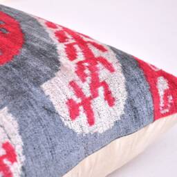 Handmade Silk Velvet Ikat Pillow Cover, Red Gray Accent - thumbnail 3