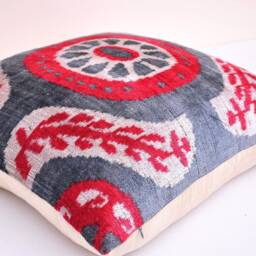 Handmade Silk Velvet Ikat Pillow Cover, Red Gray Accent - thumbnail 2