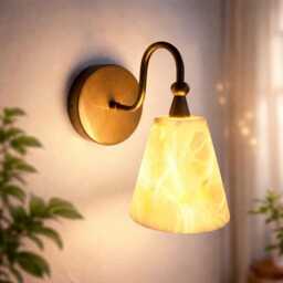 Hand Carved Alabaster Wall Sconce Brass Accent, Ethereal Stone Lighting