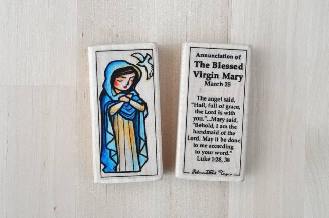 Blessed Virgin Mary Of The Annunciation, Patron Saint Block With Gift Bag // Catholic Toys By Almondrod - image 1
