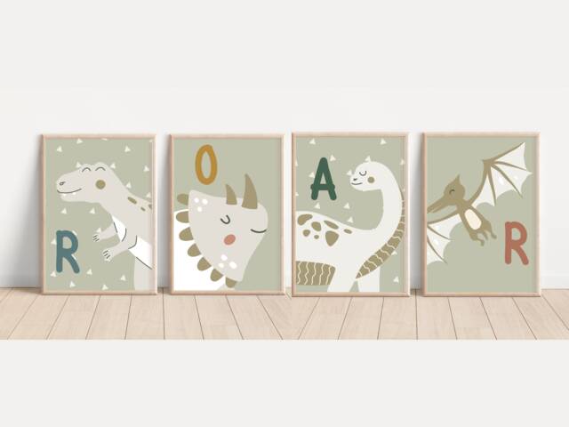 Neutral Dinosaur Roar Prints. Set Of 4 Prints Perfect For A Playroom, Nursery Or Bedroom - Prints Only - image 1