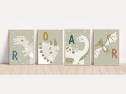 Neutral Dinosaur Roar Prints. Set Of 4 Prints Perfect For A Playroom, Nursery Or Bedroom - Prints Only - thumbnail 1