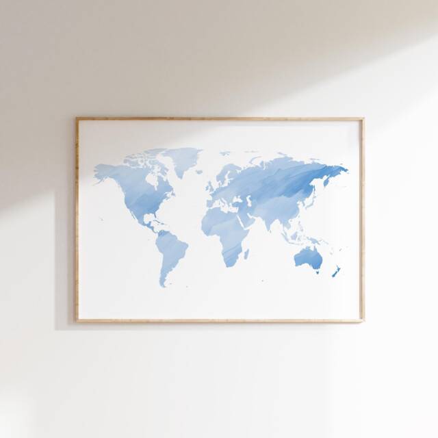 Blue Watercolor World Map Print - Wall Art Travel Gift Housewarming - image 1