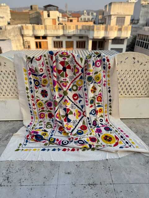Cotton Suzani Quilt - Handcrafted Ethnic Embroidery, Bohemian Bedding, Reversible Textile Throw - image 1