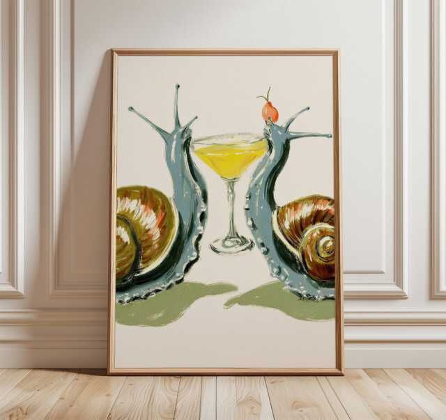 Snail Art Print, Whimsical Cocktail Poster, Funny Animal Wall Art, Playful Nature Illustration For Kitchen Or Bar Decor - image 1