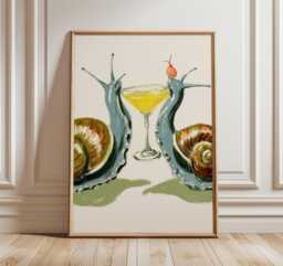 Snail Art Print, Whimsical Cocktail Poster, Funny Animal Wall Art, Playful Nature Illustration For Kitchen Or Bar Decor - thumbnail 1