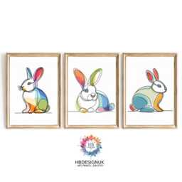 Colourful Rabbit Line Art Set Of 3 - Modern Bunny Wall Prints Multicolour Animal Decor A4 A3 Unframed Gift For & Lovers - thumbnail 2