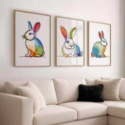 Colourful Rabbit Line Art Set Of 3 - Modern Bunny Wall Prints Multicolour Animal Decor A4 A3 Unframed Gift For & Lovers
