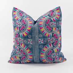 Vintage Hmong Hemp Pillow Cover, Indigo Dye Embroidery, 22x22 - thumbnail 1