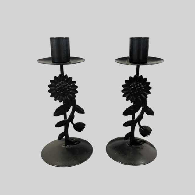 Lovely Pair Black Metal Candlestick With Sunflowers Floral Design - image 1