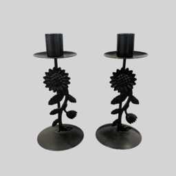 Lovely Pair Black Metal Candlestick With Sunflowers Floral Design