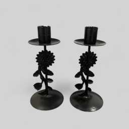 Lovely Pair Black Metal Candlestick With Sunflowers Floral Design - thumbnail 2