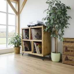Handmade Solid Wood Record Player Stand, Rustic Vinyl Storage Unit - thumbnail 3
