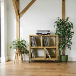 Handmade Solid Wood Record Player Stand, Rustic Vinyl Storage Unit - thumbnail 1