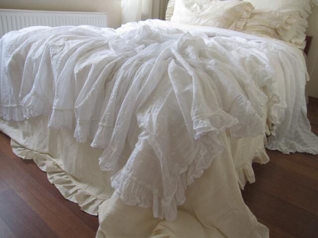 White Lightweight Super King Queen Twin Coverlet Summer Blanket - Top Sheet Natural Woven Turkish Cotton Linen Shabby Chic Ruffled Bedding - image 1