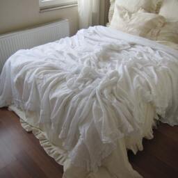 White Lightweight Super King Queen Twin Coverlet Summer Blanket - Top Sheet Natural Woven Turkish Cotton Linen Shabby Chic Ruffled Bedding - thumbnail 2