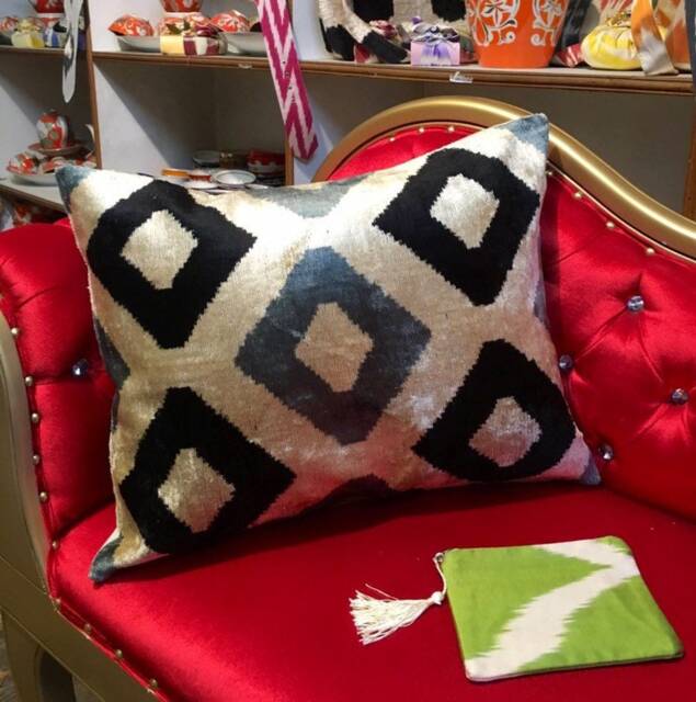 Handwoven Silk Ikat Velvet Pillow Cover - Home Decor Squares Design - image 1
