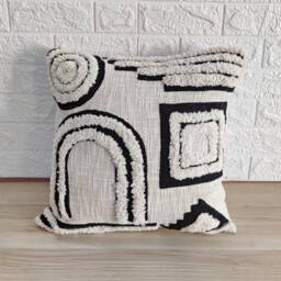 Black & Off White Embroidered Tufted Textured 100% Raw Cotton 18x18 , 20x20 22x22 24x24 Inches Decorative Throw Pillow Cover - thumbnail 1