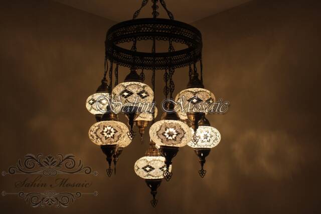 Turkish Mosaic Sultan Chandelier - 11 Large Globe Ottoman Ceiling Lamp - S11L - image 1