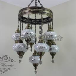 Turkish Mosaic Sultan Chandelier - 11 Large Globe Ottoman Ceiling Lamp - S11L - thumbnail 2