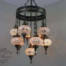 Turkish Mosaic Sultan Chandelier - 11 Large Globe Ottoman Ceiling Lamp - S11L - thumbnail 3
