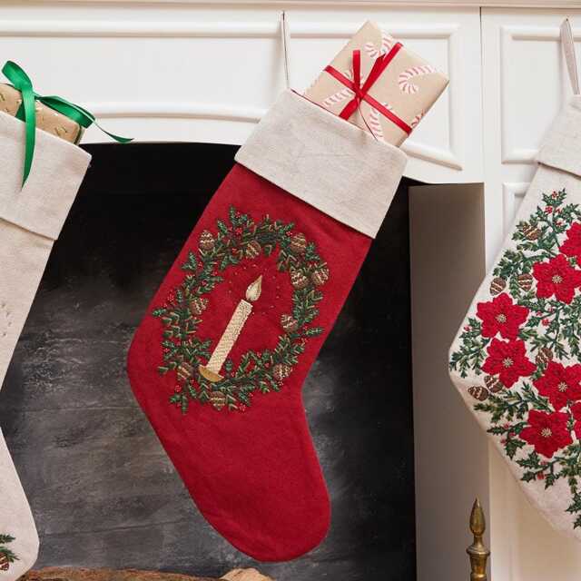 Red Candle Wreath Linen Stocking, Hand Embroidered Cotton Blend Christmas Bootie, Handmade Festive Holiday Decor - image 1