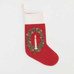 Red Candle Wreath Linen Stocking, Hand Embroidered Cotton Blend Christmas Bootie, Handmade Festive Holiday Decor - thumbnail 3