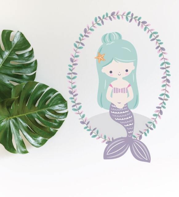 Mermaid Lavender With Wreath Wall Sticker Decal - Kids Stickers, Animals Childrens Decals, Art, Room