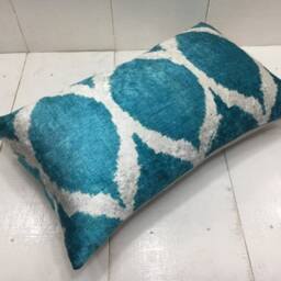 Handwoven Silk Ikat Pillow Cover 12x20 - Teal & White Cushion - thumbnail 2