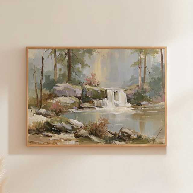 Forest Waterfall Poster, Green Landscape Print, Nature Wall Art, Paper - image 1