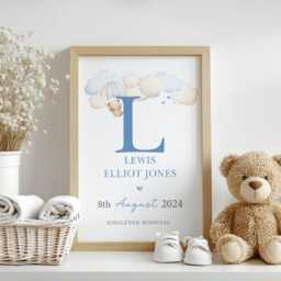 Personalised Blue Teddy Clouds Birth Print, Details, Poster, New Baby Boy Gift, Name Sentimental, Nursery A4 A3 Wall Art - thumbnail 1