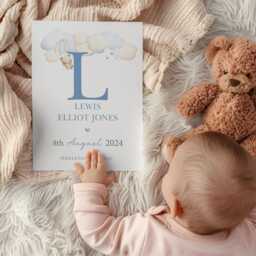 Personalised Blue Teddy Clouds Birth Print, Details, Poster, New Baby Boy Gift, Name Sentimental, Nursery A4 A3 Wall Art - thumbnail 2